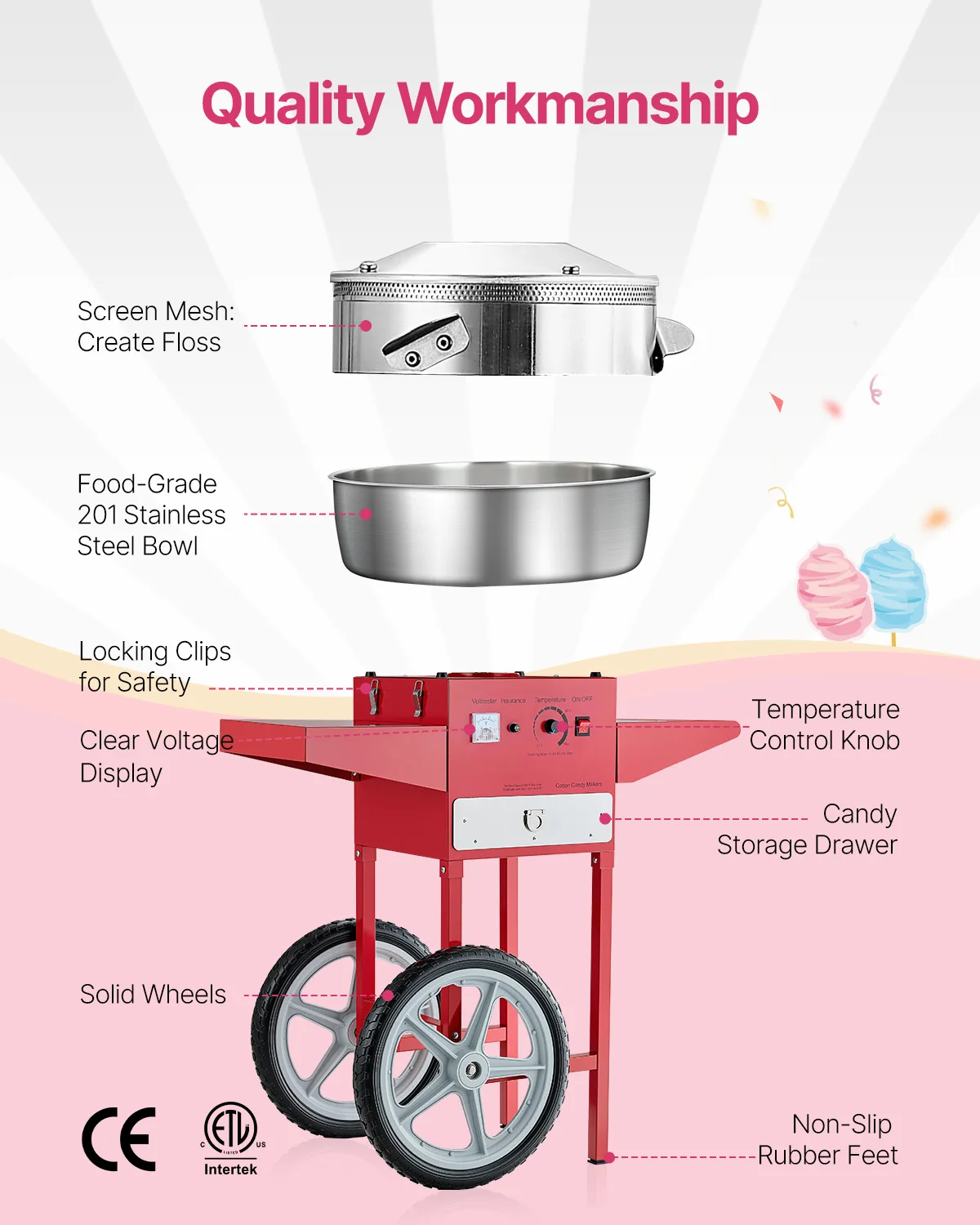 Candy Floss Machine Commercial - con carrello per zucchero filato commerciale